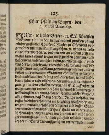 123-124, Chur Pfaltz an Bayrn den 8. Martij, 18. Martij Anno 1619