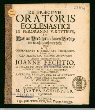 De Praecipvis Oratoris Ecclesiastici In Perorando Virtvtibvs