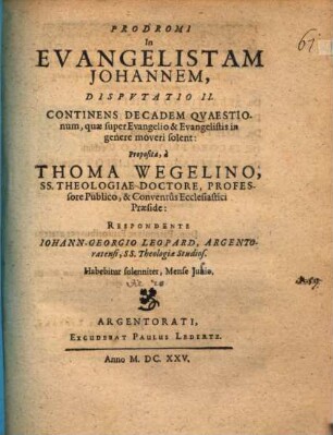 Prodromus disputationum publicarum in D. evangelistam Johannem, 2