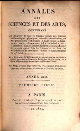 Annales des sciences et des arts. 1. 1808 (1809)