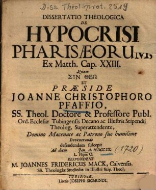 Dissertatio Theologica De Hypocrisi Pharisaeorum, Ex Matth. Cap. XXIII.