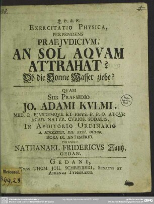 Exercitatio Physica, Perpendens Praeiudicium, An Sol Aquam Attrahat?