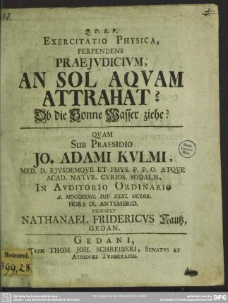 Exercitatio Physica, Perpendens Praeiudicium, An Sol Aquam Attrahat?