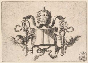 Vignette mit Tiara, Schlüsseln Petri und einem Buch