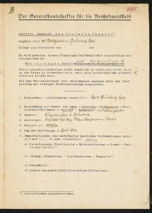 Stadttheater, Grünberg: Fragebogen für das Handbuch »Das Deutsche Theater«, vierseitiges Dokument