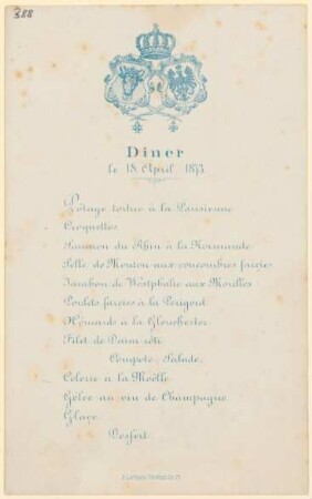 Menükarte : Ankunft der Braut von Prinz Albrecht v. Preussen, Schloß Bellevue