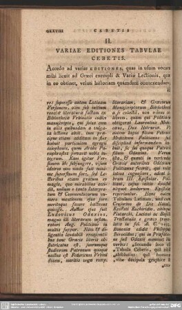 II. Variae Editiones Tabulae Cebetis
