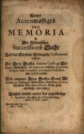 Kurtzes Pro Memoria in der Oettingischen Successions-Sache