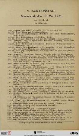 V. Auktionstag: Sonnabend, den 10. Mai 1924 von 10 Uhr ab (Nr. 1070-1323)