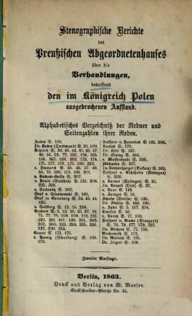 Stenographische Berichte des Preußischen Abgeordnetenhauses über die Verhandlungen betreffend den im Königreich Polen ausgebrochenen Aufstand