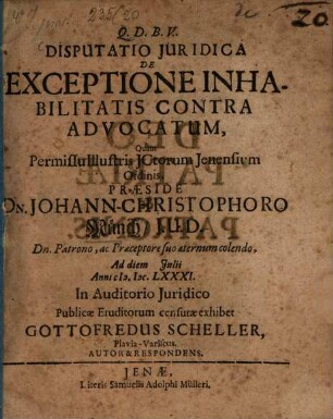 Disputatio Iuridica De Exceptione Inhabilitatis Contra Advocatum