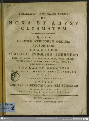 Dissertatio Inauguralis Medica De Noxa Et Abusu Clysmatum