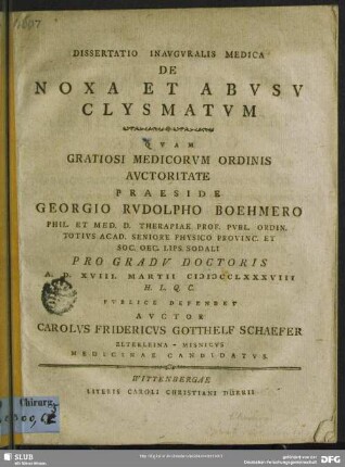 Dissertatio Inauguralis Medica De Noxa Et Abusu Clysmatum
