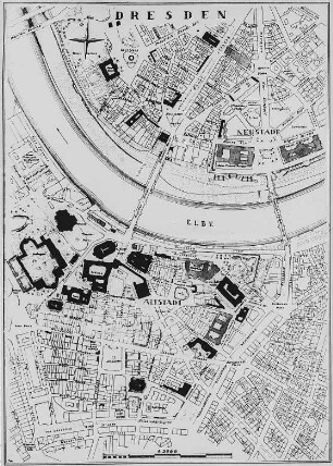 Plan der Innenstadt (mit Eintragungen einiger um 1950 unter Denkmalschutz stehender Gebäude und Ruinen)