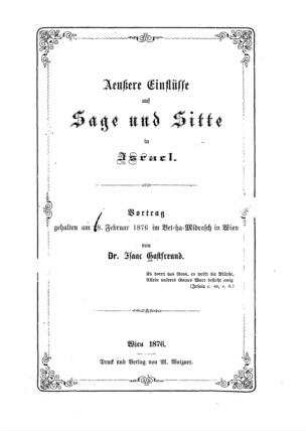 Aeussere Einflüsse auf Sage und Sitte in Israel / Vortrag ...von Israel Gastfreund