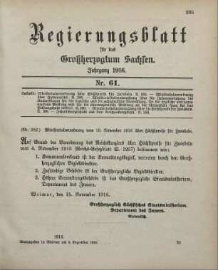 Nr. 282: Ministerialverordnung vom 15. November 1916 über Höchstpreise für Zwiebeln
