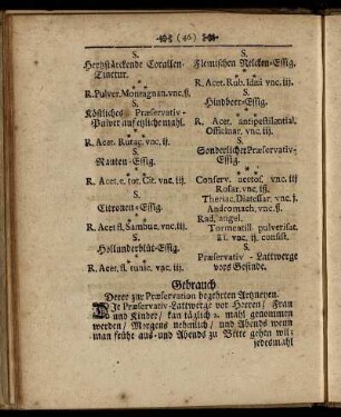 Gebrauch Derer zur Præservation begehrten Artzneyen.