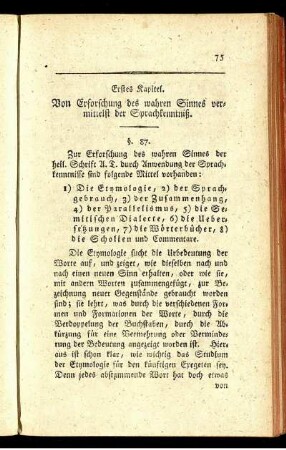 Erstes Kapitel. Von Erforschung des wahren Sinnes vermittelst der Sprachkenntniß.