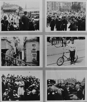 Ausstellungstafel mit Szenen aus dem Dokumentarfilm "Deutscher Radfahrerbund. 43. Bundesfest" (1926.08.06/1926.08.10). Dresden, Galerie Nord. Ausstellung "Borchert, Christian, Dresden - Bilder aus Dokumentarfilmen 1913–1949"
