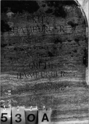 Grabstein 530 (Index: 100088641) Material: Kalkstein Besonderheit: kulturhistorisch wertvoll / künstl.-formale und hist.-wiss. Gründe (Gedenkinschrift, Schoah-Opfer): Grabstein 530A