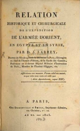 Relation historique et chirurgique de l'expedition de l'armée d'Orient