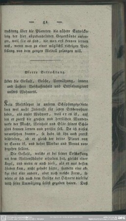 Vierte Betrachtung. Ueber die Gestalt, Größe, Umwälzung, innere und äußere Beschaffenheit und Entstehungsart unsers Wohnorts