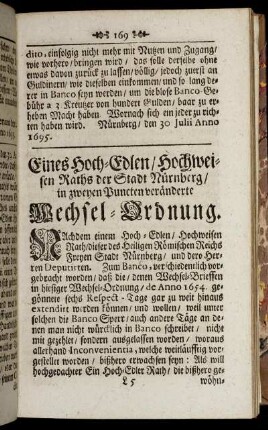 Eines Hoch- Edlen/ Hochweisen Raths der Stadt Nürnberg/ in zweyen Puncten veränderte Wechsel- Ordnung.