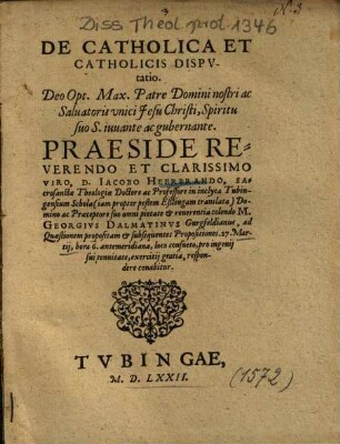 De Catholica Et Catholicis Dispvtatio