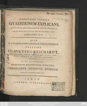 Dissertatio Ivridica Qvaestionem Explicans, Qvatenvs Articvlorvm Impertinentia Ante Definitivam Sententiam Consideranda Sit?