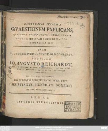 Dissertatio Ivridica Qvaestionem Explicans, Qvatenvs Articvlorvm Impertinentia Ante Definitivam Sententiam Consideranda Sit?