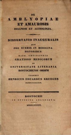 De amblyopiae et amaurosis diagnosi et aetiologia : Diss. inaug.