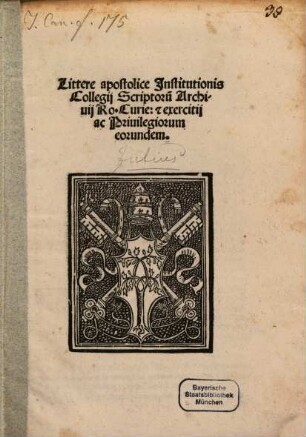 Littere apostolice Institutionis Collegii Scriptorum Archivii Ro. Curie