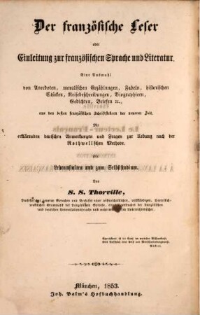 Der französische Leser oder Einleitung zur französischen Sprache u. Literatur