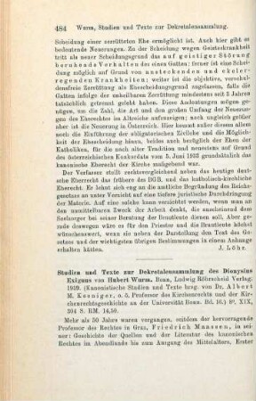 484-488 [Rezension] Wurm, Hubert, Studien und Texte zur Dekretalensammlung des Dionysius Exiguus
