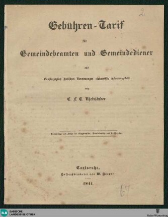 Gebühren-Tarif für Gemeindebeamten und Gemeindediener aus Großherzoglich Badischen Verordnungen alphabetisch zusammengestellt