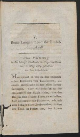 V. Bermerkungen über die Eibildungskraft.Eine Vorlesung.