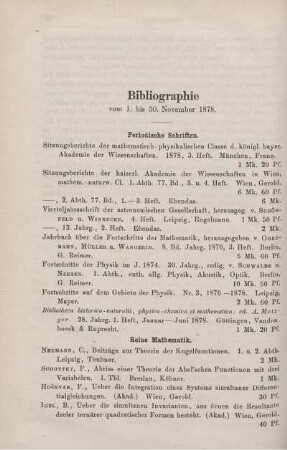 Bibliographie vom 1. bis 30. November 1878.
