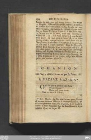 Chanson Aur l'Air, Aminte tout ce que les Dieux, [et]c. A Madame Mazarin.