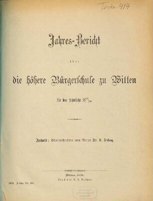 Jahresbericht über die Höhere Bürgerschule zu Witten : für das Schuljahr ..., 1877/78