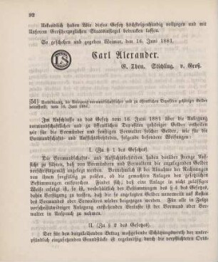 51. Verordnung, die Anlegung vormundschaftlicher und zu öffentlichen Depositen gehöriger Gelder betreffend