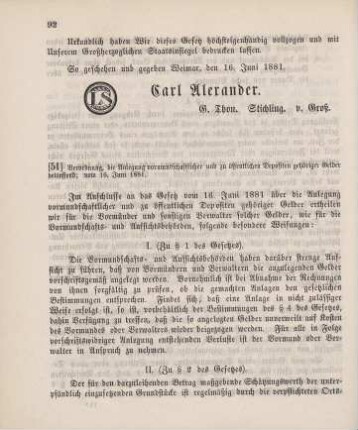 51. Verordnung, die Anlegung vormundschaftlicher und zu öffentlichen Depositen gehöriger Gelder betreffend