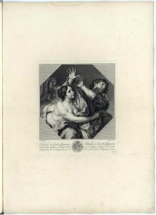 Joseph und die Frau des Potiphar : Das Blatt stammt aus: Recueil d'Estampes d'après les plus célèbres Tableaux de la Galerie Royale de Dresde. Band 1, Tafel 46