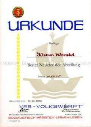 Urkunde zur Auszeichnung als "Bester Neuerer der Abteilung"