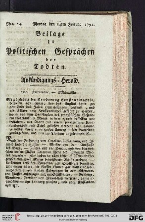 Beilage zu Politischen Gesprächen der Todten. Ankündigungs-Herold. Nro. 14