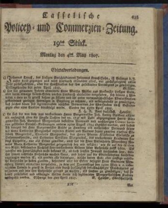 19tes Stück, Montag den 4ten May 1807