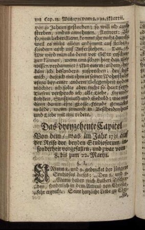 Das dreyzehente Capitel Von dem, was im Jahr 1731 auf der Reise der beyden Studiosorum insonderheit vorgefallen, und zwar vom 8. bis zum 22. Martii.