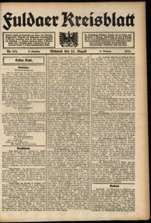 Erste Ausgabe vom Mittwoch, den 23. August 1911.