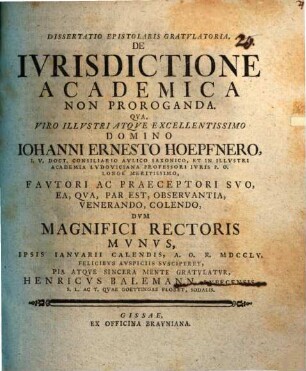 Dissertatio epistolaris gratvlatoria de ivrisdictione academica non proroganda