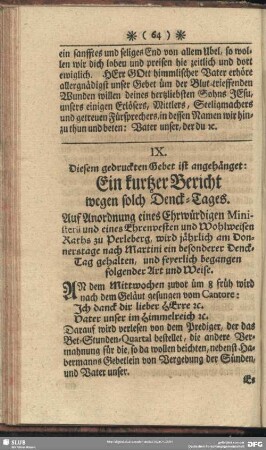 IX. Diesem gedruckten Gebet ist angehänget: Ein kurtzer Bericht wegen solch Denck-Tages