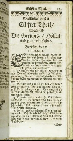 Geistlicher Lieder Eilffter Theil/ Begreiffend Die Gerichts-/ Höllen- und Himmels-Lieder.